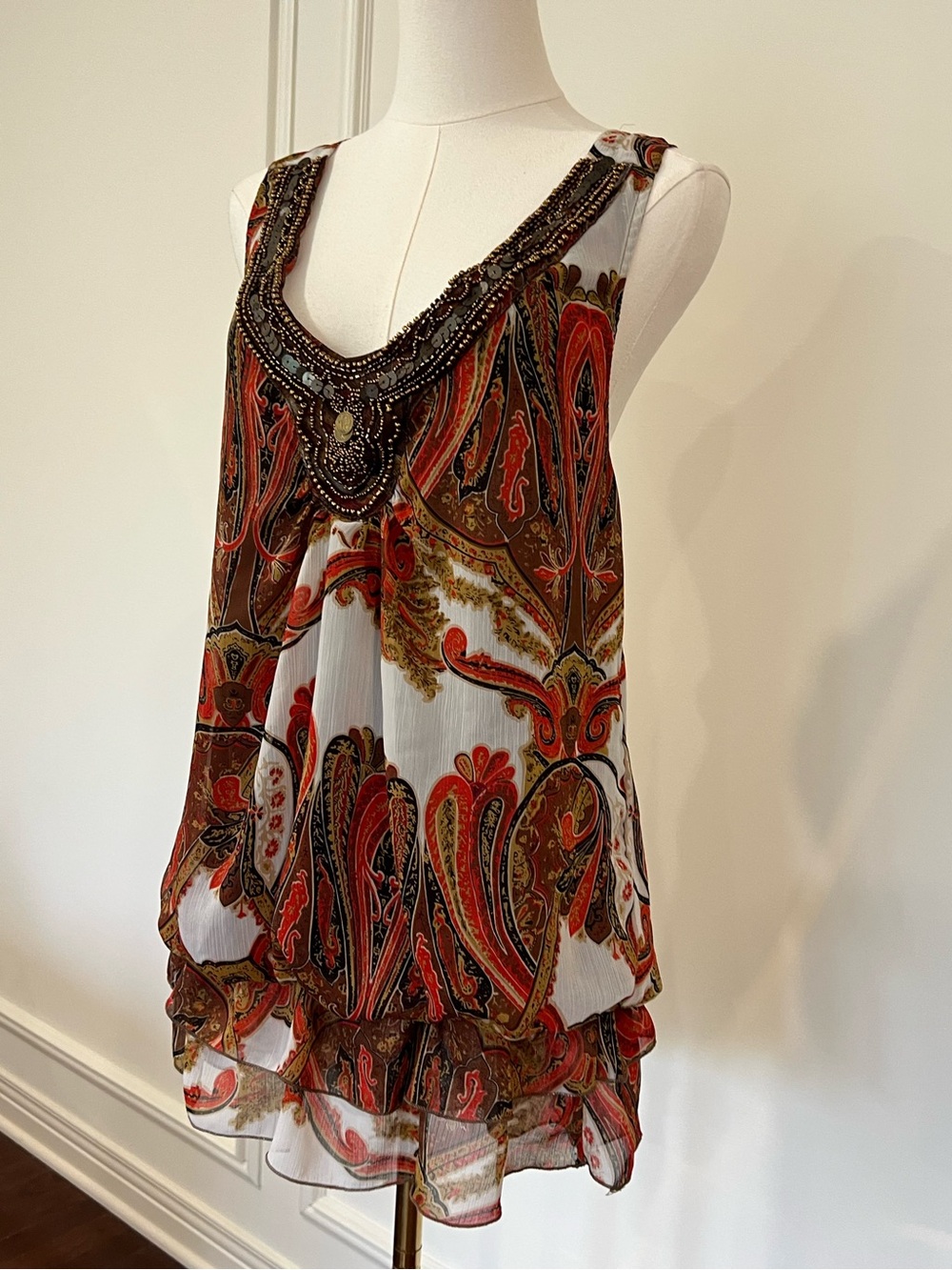 Boho Paisley Tunic Beaded Coin Necklace Neckline Tiered Ruffle Hem Sz L